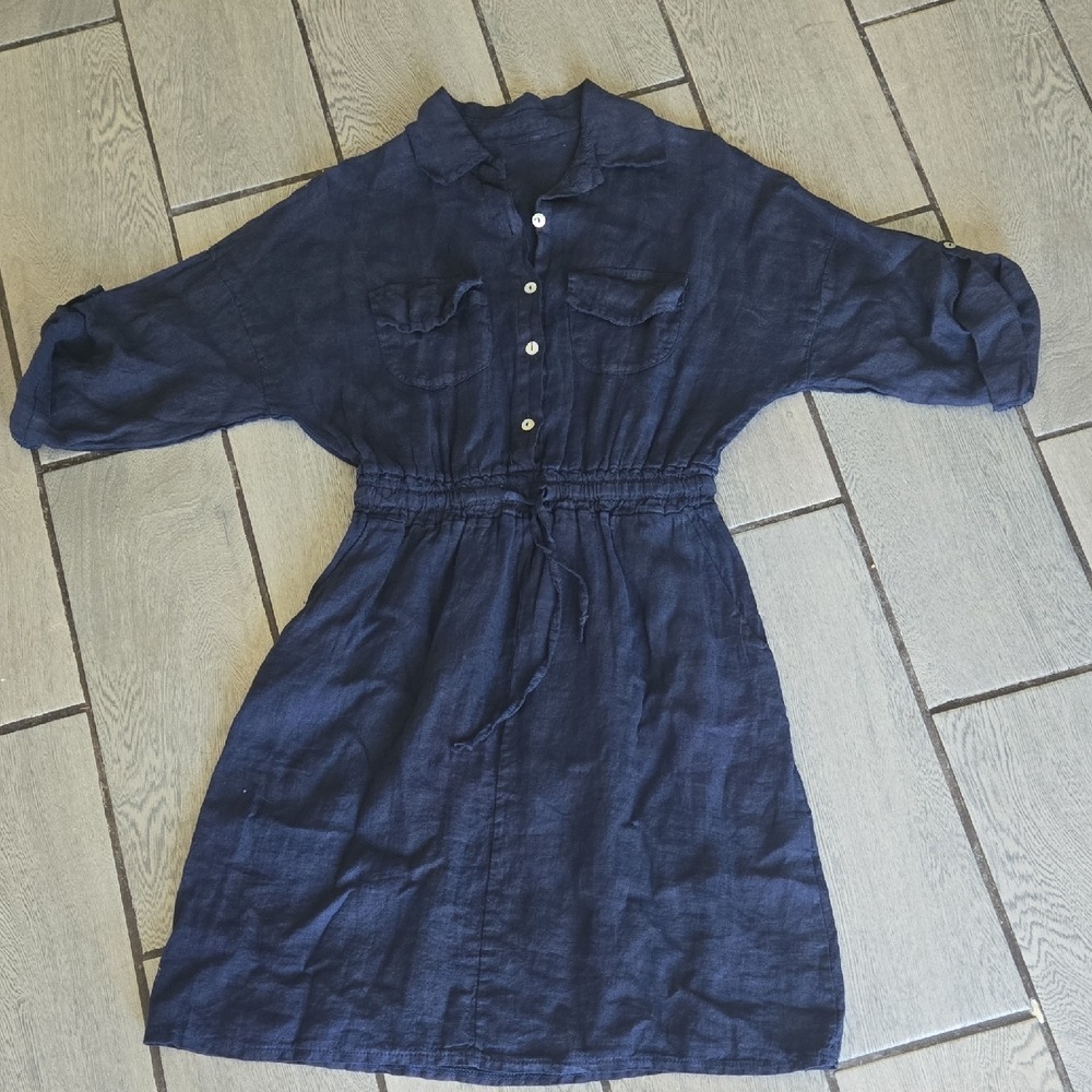 Made in Italy Navy Blue 100% Linen Button Down Roll Tab Shirt‎ Dress Medium